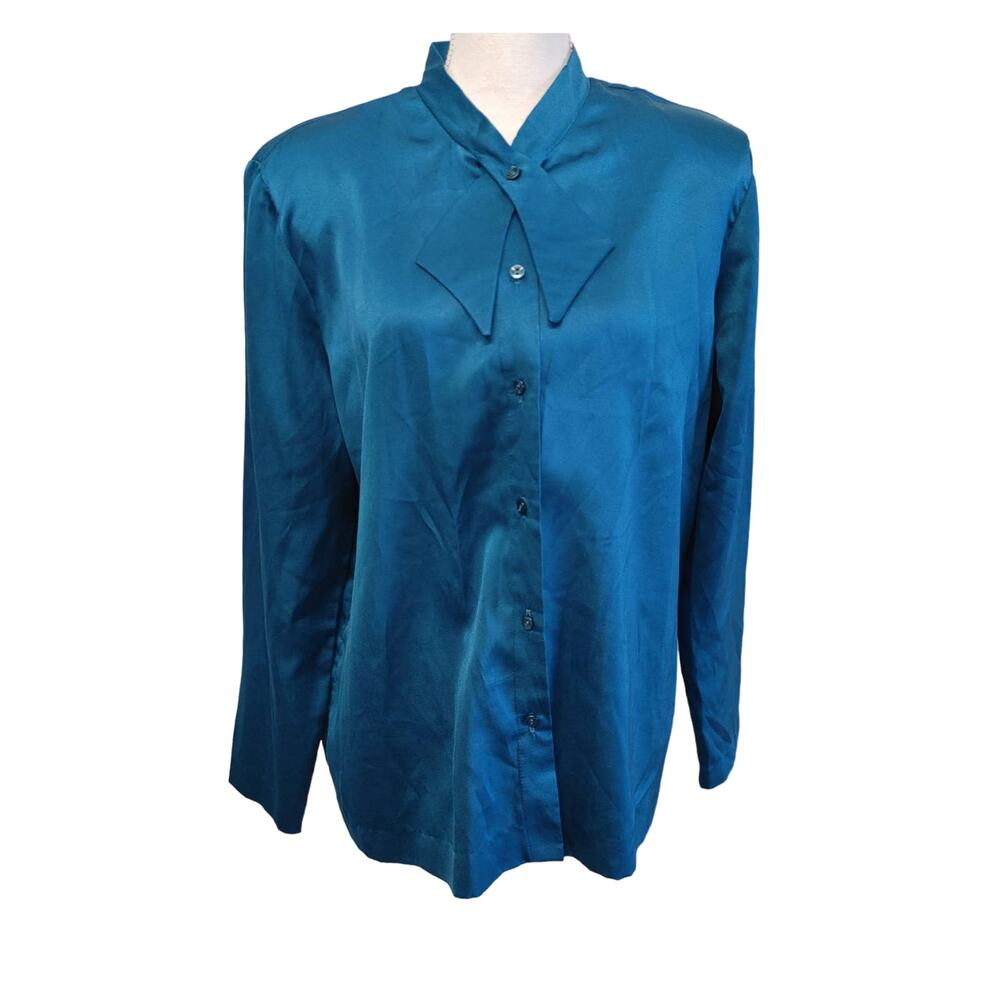Vintage Donovan Galvani Dallas Satin Blouse Necktie Blue Sz 18
